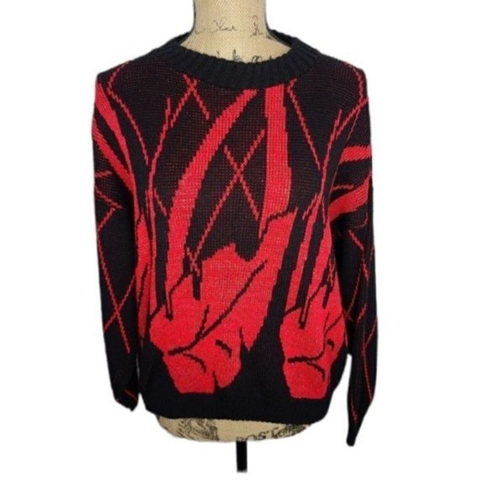 Vintage 80s Red Black Abstract Leaf Lurex Cozy Sweater Soft Goth